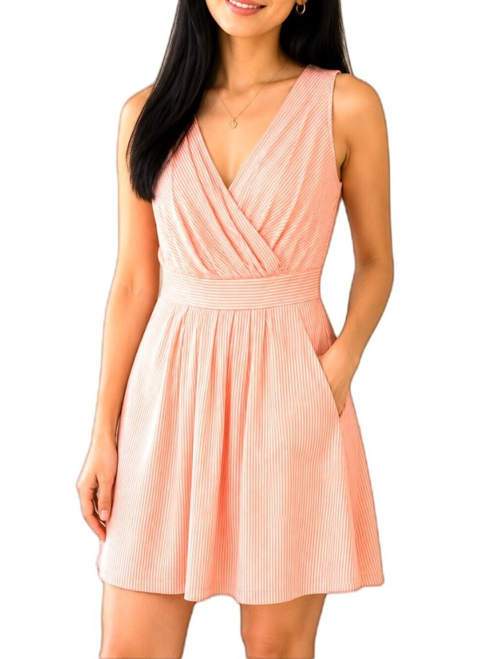 Lands' End Coral Pink Striped Sleeveless Surplice Fit-and-Flare Dress Pockets
